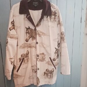 Bit And BRIDLE Equestrian Print Jacket with Brown Collar. Barn, Chore Coat. Xl